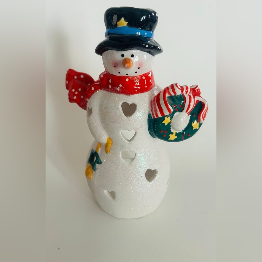 Festive Snowman Figurine with Red Scarf and Wreath